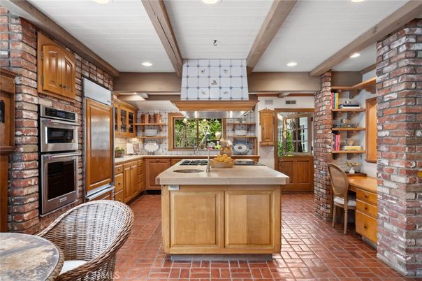 Interior, Kitchen, Recessed Lighting, Stainless Steel Appliances, Stone Walls, Wooden Beams
