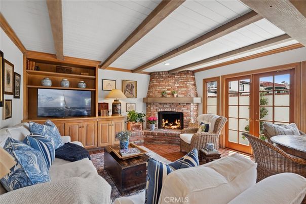 Fireplace, Interior, Living room, Recessed Lighting, Stone Walls, Wooden Beams