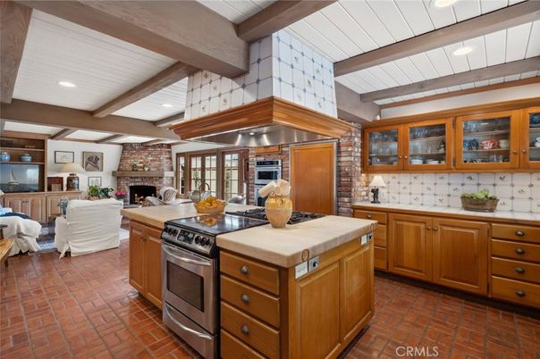 Fireplace, Interior, Kitchen, Living room, Recessed Lighting, Stainless Steel Appliances, Stone Walls, Wooden Beams