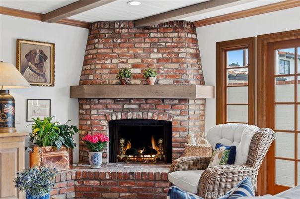 Fireplace, Interior, Recessed Lighting, Stone Walls, Wooden Beams