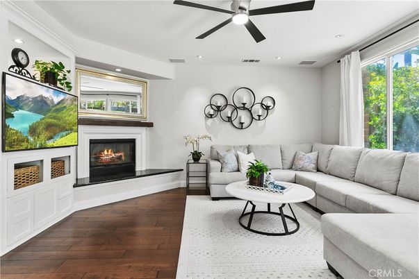Fireplace, Interior, Living room, Recessed Lighting, Wood Texture Flooring