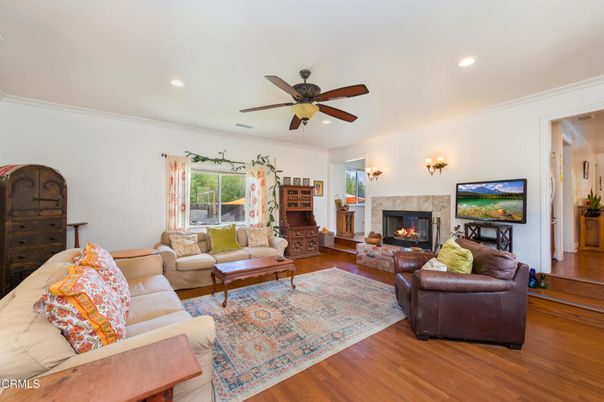 Fireplace, Interior, Living room, Recessed Lighting, Wood Texture Flooring