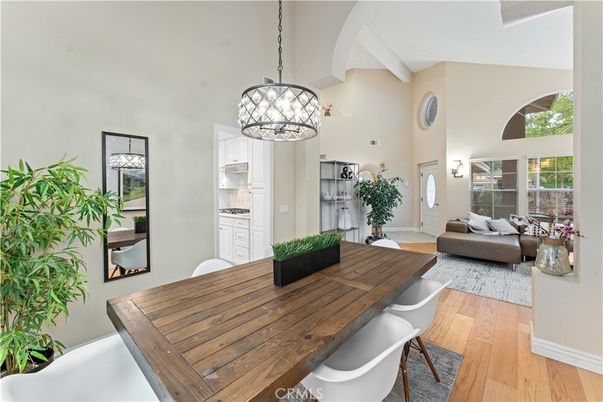 Dining room, Interior, Living room, Pendant Lights, Wood Texture Flooring
