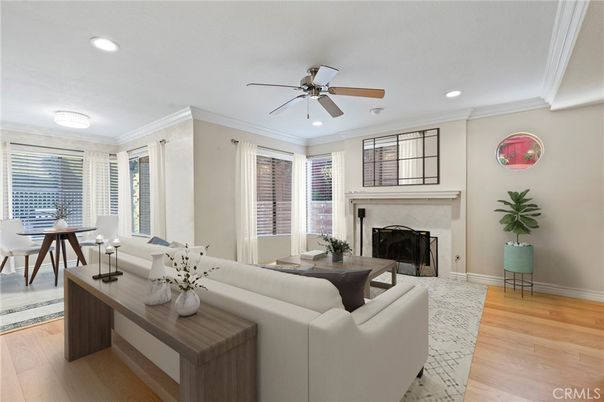 Dining room, Fireplace, Interior, Living room, Recessed Lighting, Wood Texture Flooring