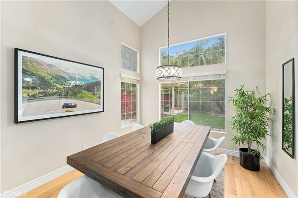 Dining room, Interior, Pendant Lights, Wood Texture Flooring