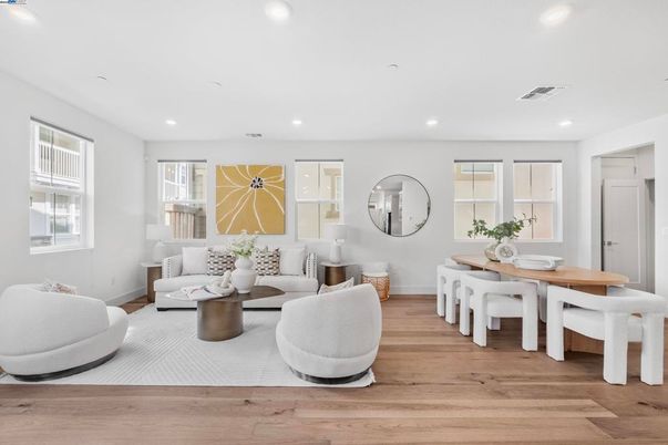 Dining room, Interior, Living room, Recessed Lighting, Wood Texture Flooring