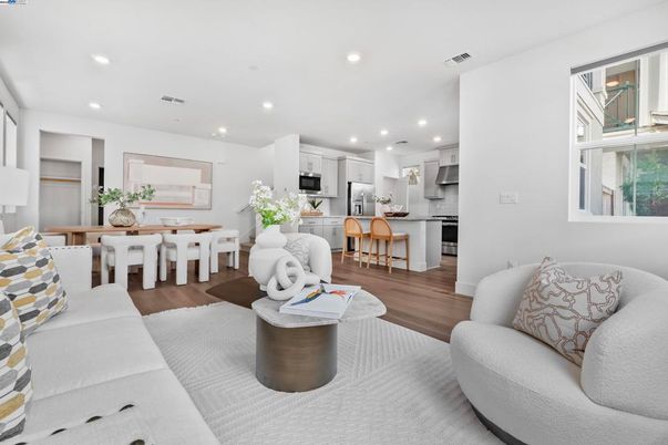 Dining room, Interior, Kitchen, Living room, Recessed Lighting, Stainless Steel Appliances, Wood Texture Flooring