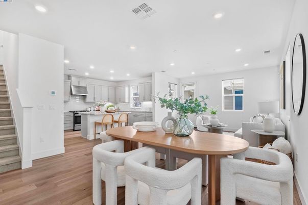 Dining room, Interior, Kitchen, Recessed Lighting, Stainless Steel Appliances, Wood Texture Flooring