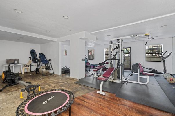 Fitness Equipment, Gym, Interior, Recessed Lighting, Wood Texture Flooring