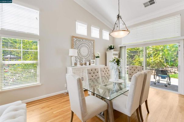 Dining room, Interior, Pendant Lights, Wood Texture Flooring