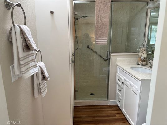 Bathroom, Glass Shower, Interior, Wood Texture Flooring