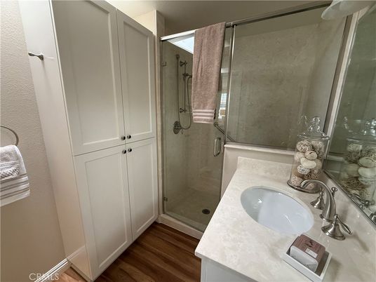 Bathroom, Glass Shower, Interior, Wood Texture Flooring