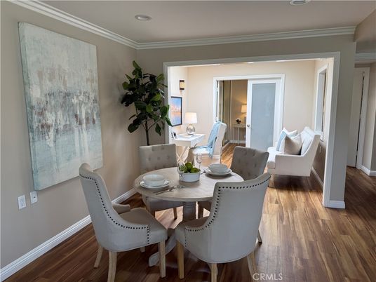 Dining room, Interior, Recessed Lighting, Wood Texture Flooring