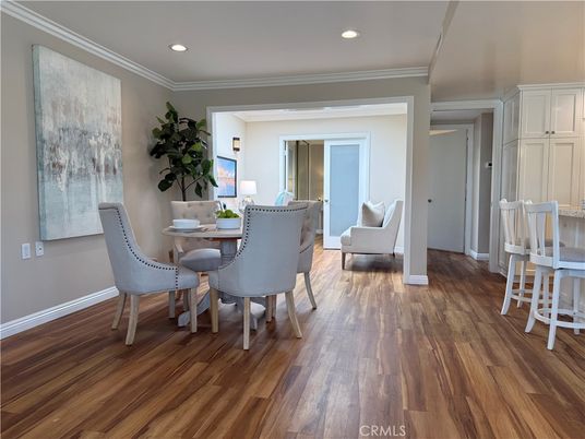 Dining room, Interior, Recessed Lighting, Wood Texture Flooring