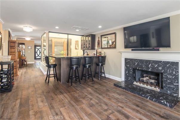 Fireplace, Interior, Recessed Lighting, Wood Texture Flooring