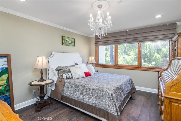 Bedroom, Chandelier, Interior, Recessed Lighting, Wood Texture Flooring