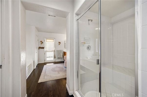 Bathroom, Glass Shower, Interior, Wood Texture Flooring