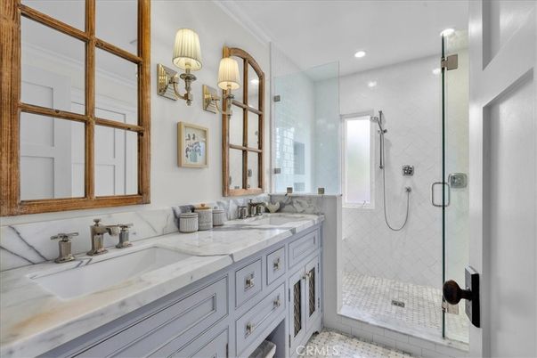 Bathroom, Dual Sink Vanities, Glass Shower, Interior, Recessed Lighting