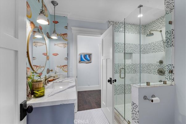 Bathroom, Glass Shower, Interior, Pendant Lights, Wood Texture Flooring