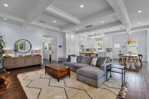 Chandelier, Dining room, Interior, Kitchen, Living room, Pendant Lights, Recessed Lighting, Wood Texture Flooring