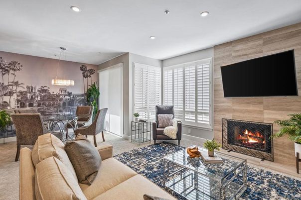 Dining room, Fireplace, Interior, Living room, Pendant Lights, Recessed Lighting, Wood Texture Flooring