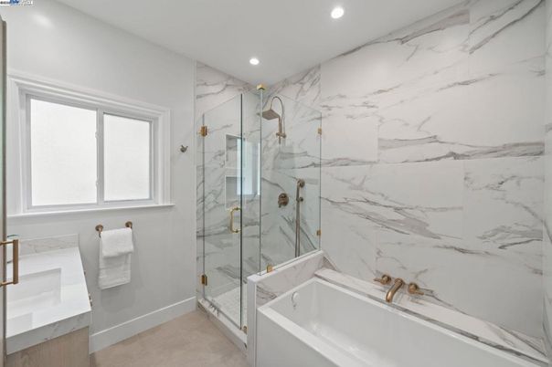 Bathroom, Glass Shower, Interior, Marble Walls, Recessed Lighting