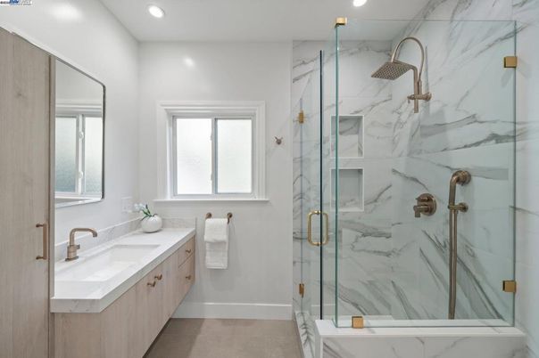 Bathroom, Glass Shower, Interior, Marble Walls, Recessed Lighting