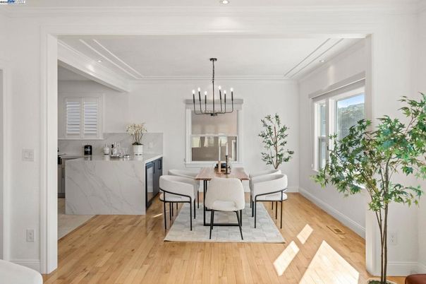 Dining room, Interior, Kitchen, Marble Walls, Pendant Lights, Recessed Lighting, Wood Texture Flooring