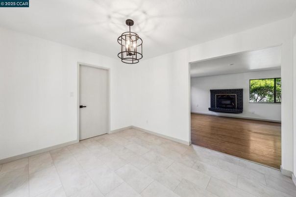 Empty room, Fireplace, Interior, Pendant Lights, Wood Texture Flooring