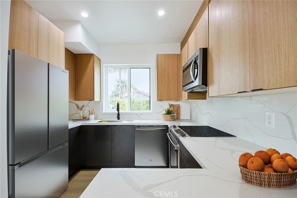 Interior, Kitchen, Marble Walls, Recessed Lighting, Wood Texture Flooring