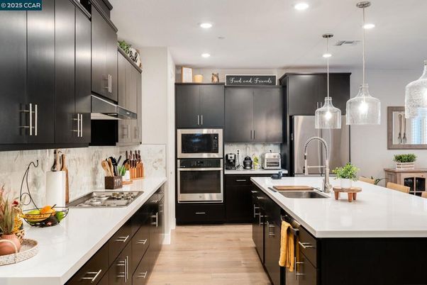 Interior, Kitchen, Pendant Lights, Recessed Lighting, Stainless Steel Appliances, Wood Texture Flooring