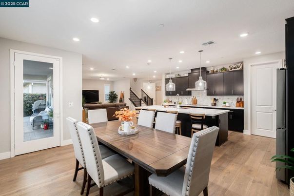 Dining room, Interior, Kitchen, Pendant Lights, Recessed Lighting, Wood Texture Flooring
