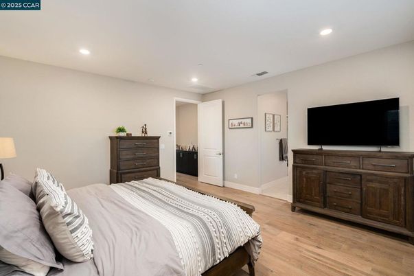 Bedroom, Interior, Recessed Lighting, Wood Texture Flooring