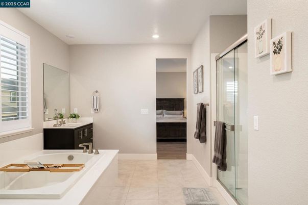 Bathroom, Bedroom, Glass Shower, Interior, Recessed Lighting, Wood Texture Flooring