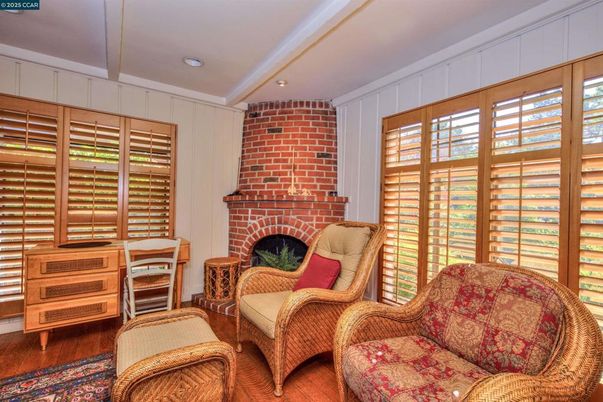 Fireplace, Interior, Recessed Lighting, Stone Walls, Wood Texture Flooring