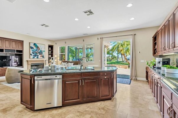 Fireplace, Interior, Kitchen, Living room, Recessed Lighting, Stainless Steel Appliances