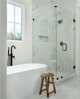 Bathroom, Free Standing Baths, Glass Shower, Interior, Marble, Marble Walls