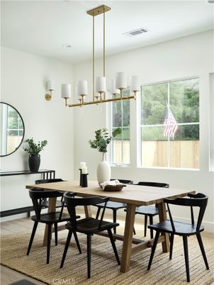 Dining room, Interior, Pendant Lights, Wood Texture Flooring