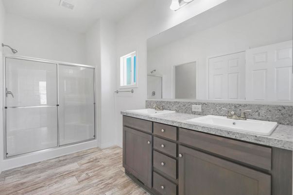 Bathroom, Dual Sink Vanities, Glass Shower, Interior, Wood Texture Flooring