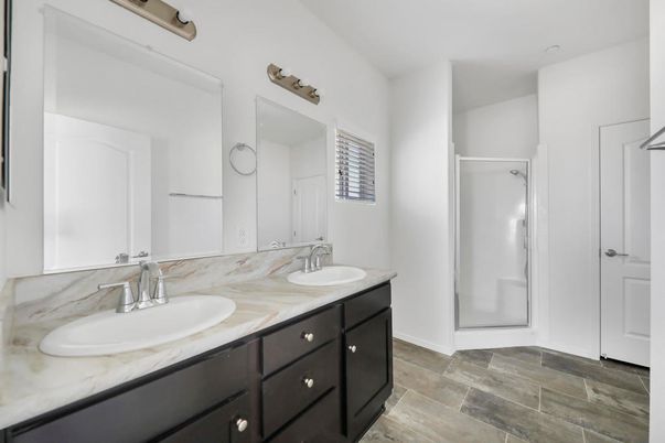 Bathroom, Dual Sink Vanities, Glass Shower, Interior, Wood Texture Flooring