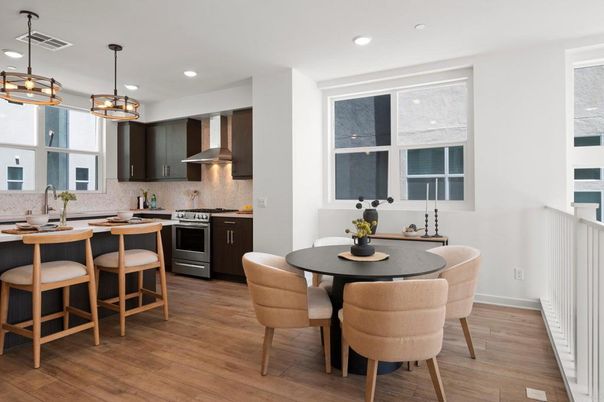 Dining room, Interior, Kitchen, Pendant Lights, Recessed Lighting, Stainless Steel Appliances, Wood Texture Flooring