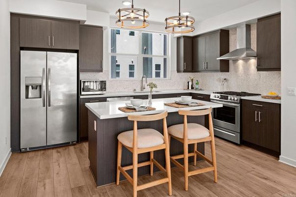 Interior, Kitchen, Pendant Lights, Stainless Steel Appliances, Wood Texture Flooring