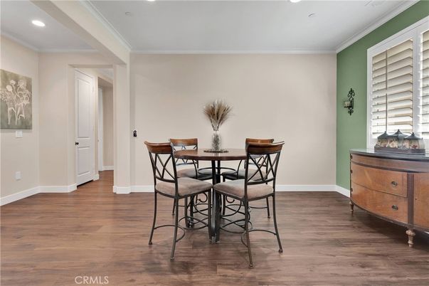 Dining room, Interior, Recessed Lighting, Wood Texture Flooring
