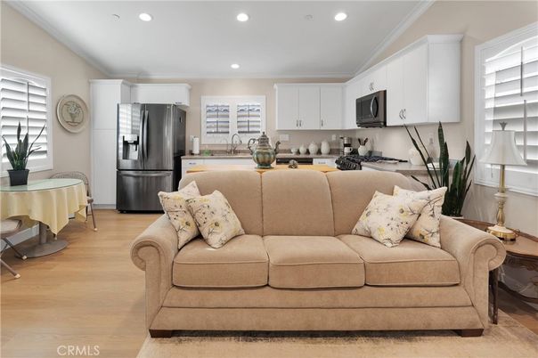 Interior, Kitchen, Living room, Recessed Lighting, Stainless Steel Appliances, Wood Texture Flooring