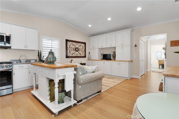 Interior, Kitchen, Living room, Recessed Lighting, Stainless Steel Appliances, Wood Texture Flooring
