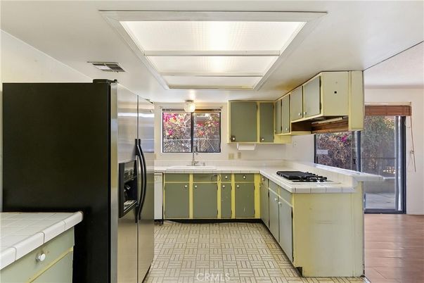 Interior, Kitchen, Tile Countertops, Wood Texture Flooring