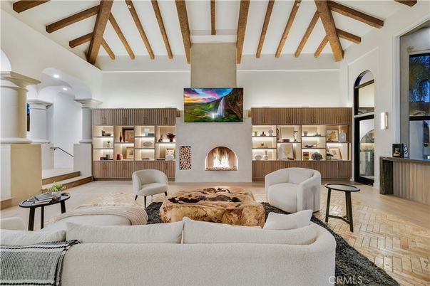 Fireplace, Interior, Living room, Recessed Lighting, Wooden Beams, Wood Texture Flooring