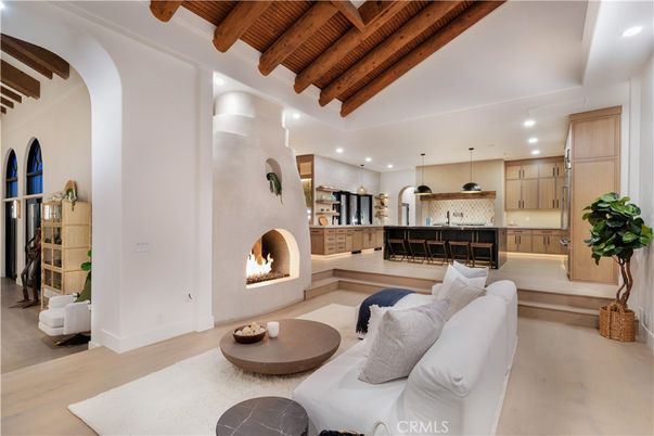 Fireplace, Interior, Kitchen, Living room, Pendant Lights, Recessed Lighting, Wooden Beams, Wooden Ceilings, Wood Texture Flooring