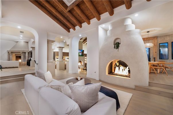 Dining room, Fireplace, Interior, Living room, Pendant Lights, Recessed Lighting, Wooden Beams, Wooden Ceilings, Wood Texture Flooring