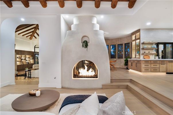 Fireplace, Interior, Living room, Recessed Lighting, Wooden Beams, Wood Texture Flooring